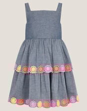 Chambray Broderie Tiered Dress, Blue (BLUE), large
