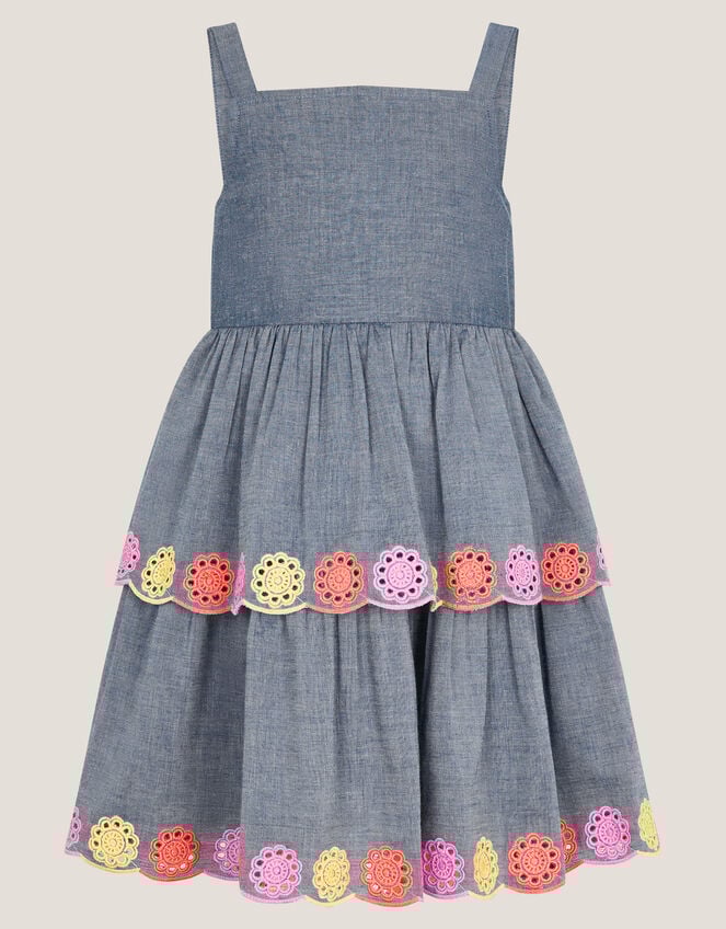 Chambray Broderie Tiered Dress, Blue (BLUE), large