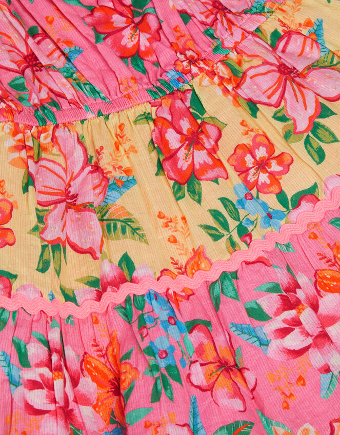 Tropical Flower Print Scallop Trim Dress , Pink (PINK), large