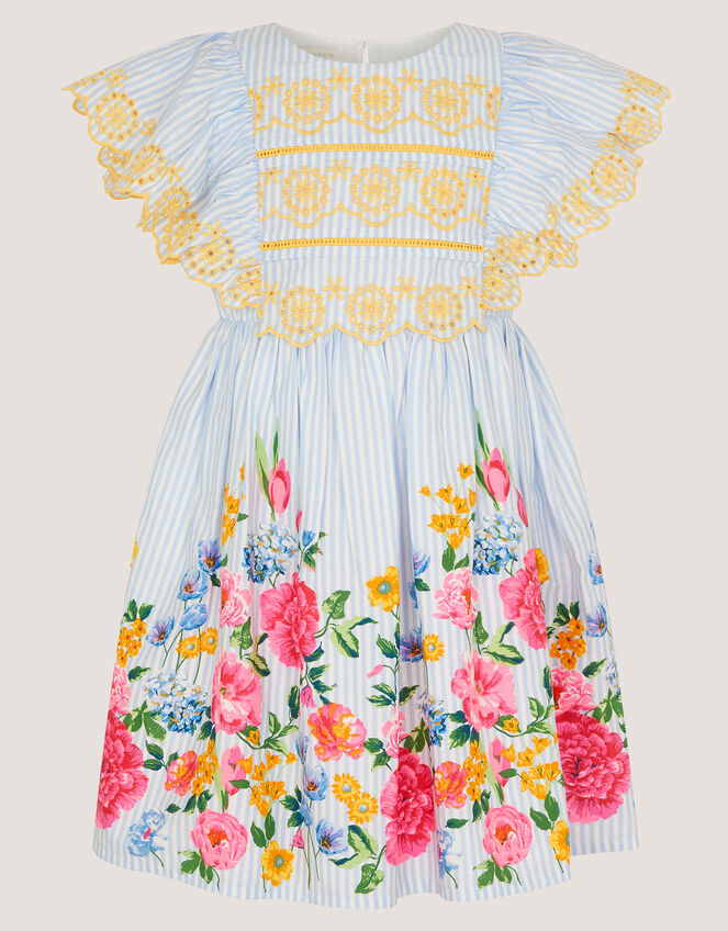 Floral Stripe Broderie Sleeve Dress, Blue (BLUE), large