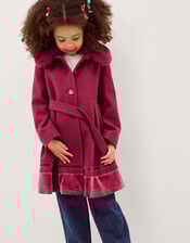 Velvet Trim Faux Fur Dress Coat, Red (BURGUNDY), large