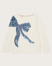 Sequin Bow Long Sleeve Top, Ivory (IVORY), large
