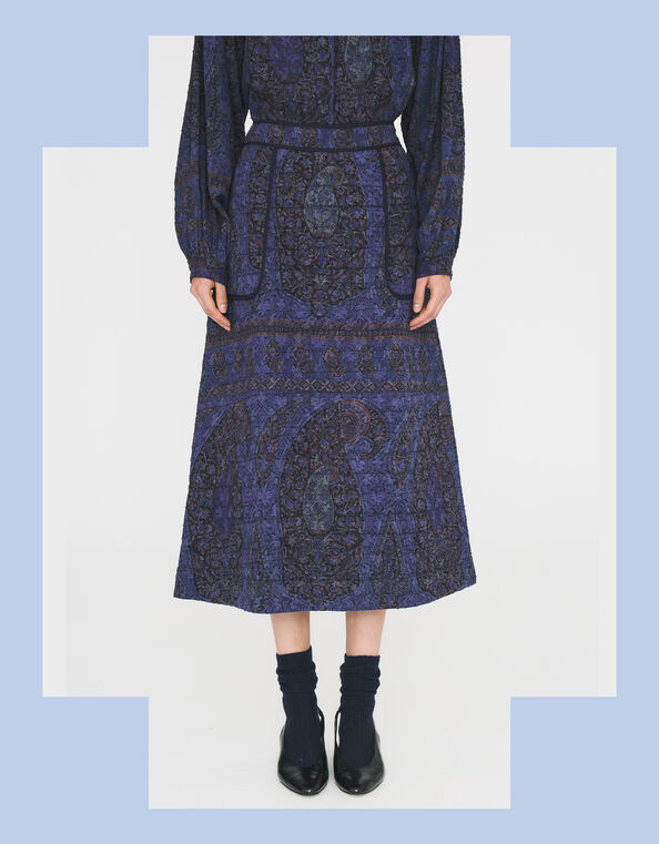 Antik Batik Tamari Paisley Jacquard Midi Skirt, Blue (NAVY), large