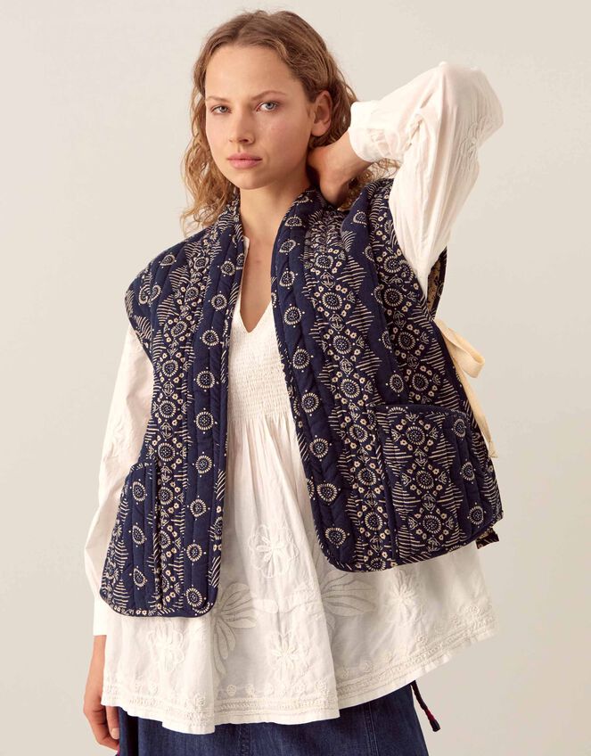 East Celine Reversible Print Quilted Waistcoat, Blue (NAVY), large
