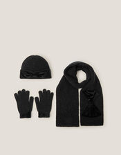 Sparkle Bow Hat Scarf & Gloves Set, Black (BLACK), large