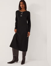 Bee Bow Knit Midi Dress, Black (BLACK), large