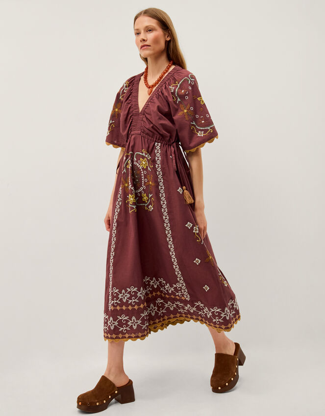 Greta Short Sleeve Embroidered Midi Dress, Brown (BROWN), large