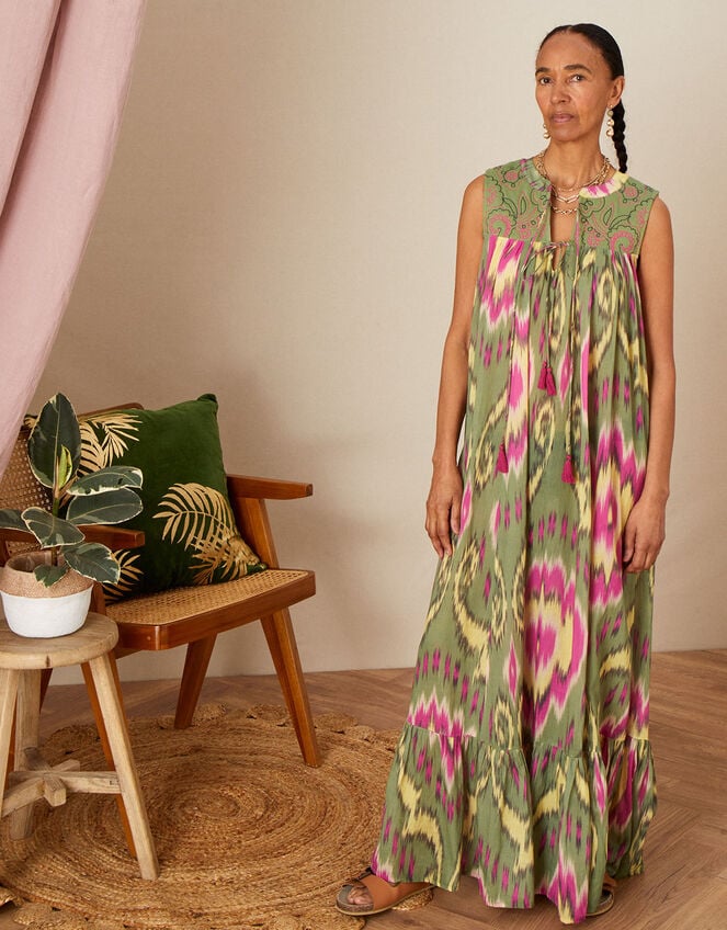 Premium Diamond Ikat Print Smock Dress, Green (GREEN), large