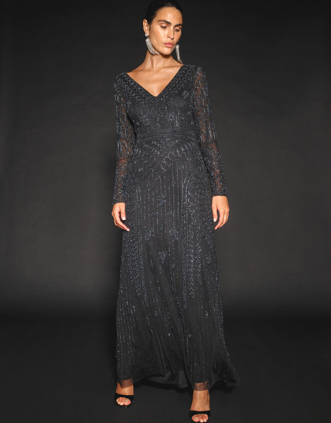 Lorelai Beaded Long Sleeve Maxi Dress, Black (BLACK), large