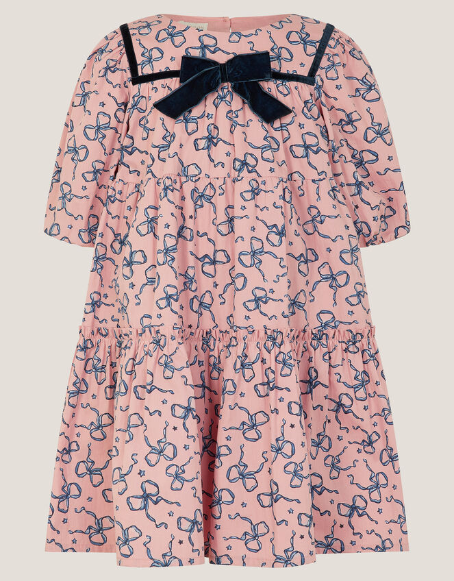 Bow Print Tiered Dress, Pink (PINK), large