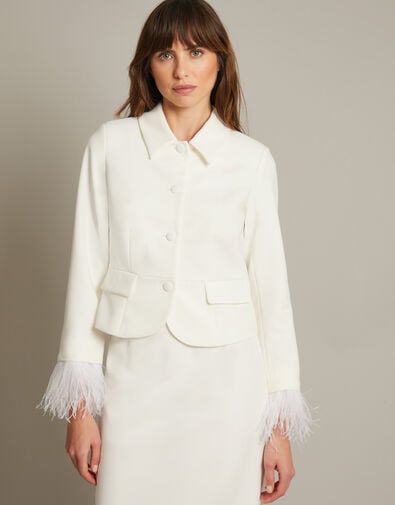 Luisa Feather Cuff Wedding Jacket, Ivory (IVORY), large