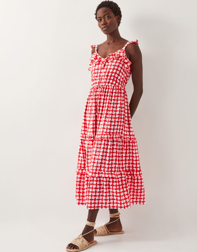 Geena Geometric Woodblock Midi Dress, Orange (CORAL), large