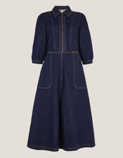 Erin Zip Denim Midi Dress, Blue (INDIGO), large