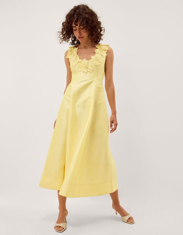 Phoebe Sleeveless Appliqu&eacute; Midi Dress, Yellow (YELLOW), large