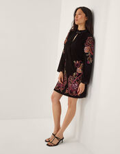 Faye Floral Velvet Mini Tunic Dress, Black (BLACK), large