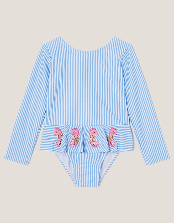 Baby Seahorse Stripe UPF50+ Long Sleeve Swimsuit, Blue (BLUE), large