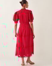 Kiana Pintuck Puff-Sleeve Midi Dress, Red (RED), large