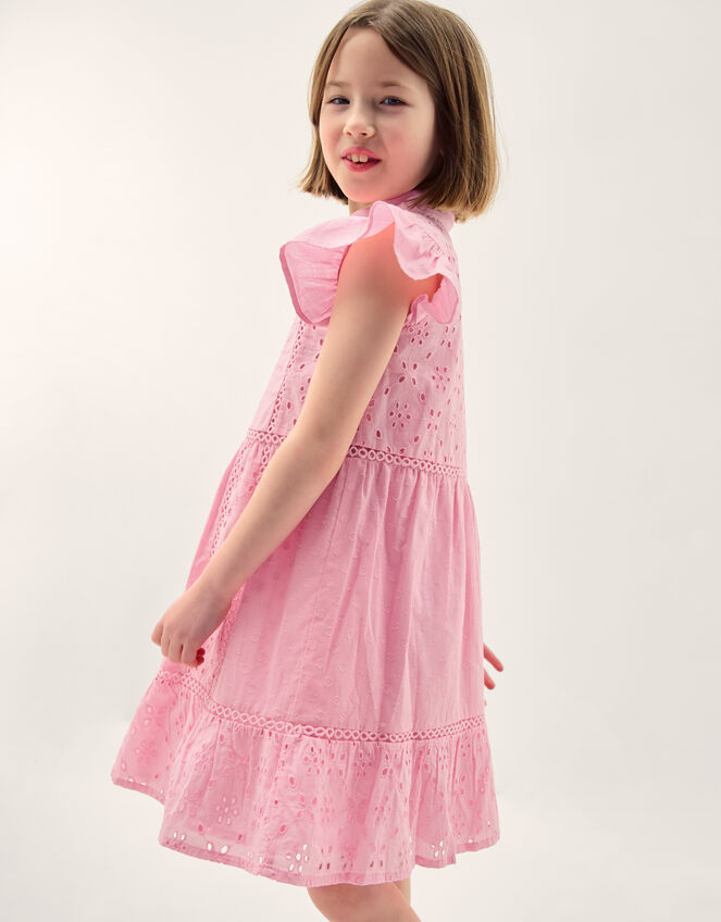 Flutter Sleeve Broderie Tiered Dress, Pink (PINK), large
