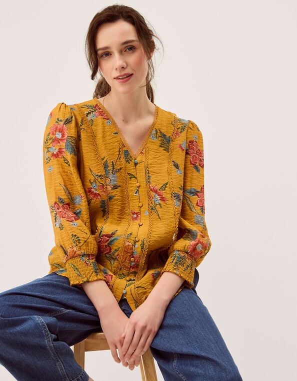Rosaleigh V-Neck Floral Blouse, Yellow (OCHRE), large