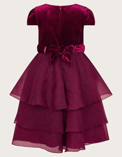 Mabel Embroidered Velvet Ruffle Dress, Red (BURGUNDY), large