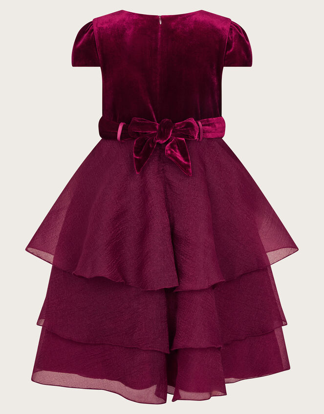 Mabel Embroidered Velvet Ruffle Dress, Red (BURGUNDY), large