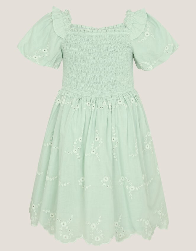 Embroidered Puff Sleeve Smocked Dress, Green (GREEN), large