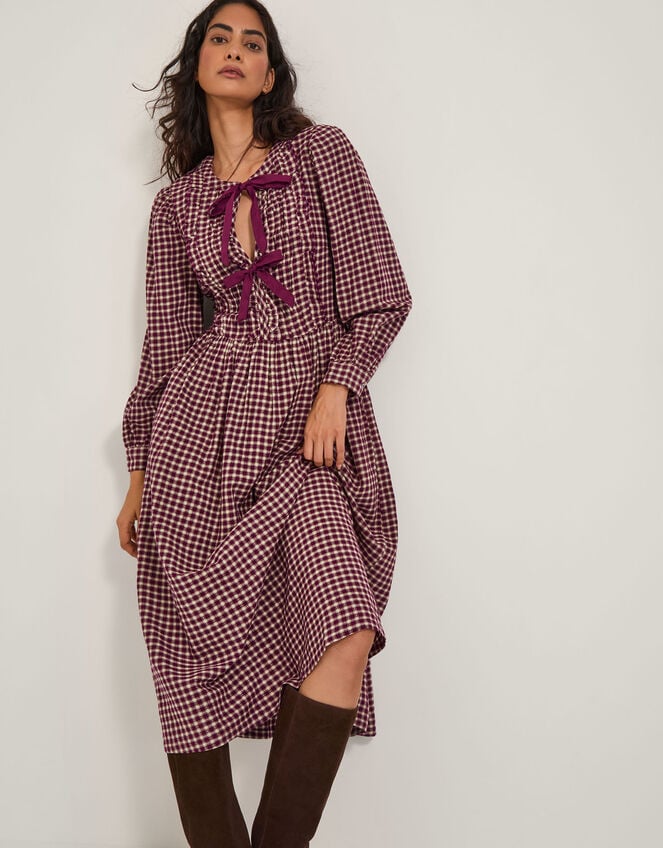 Agatha Tie Front Check Midi Dress, Red (CHERRY), large