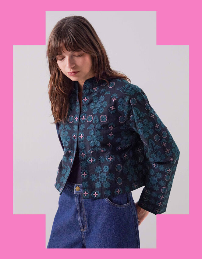 East Sophia Floral Embroidered Jacket, Blue (NAVY), large