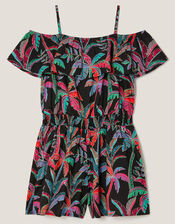 Neon Tropical Print Playsuit, Black (BLACK), large
