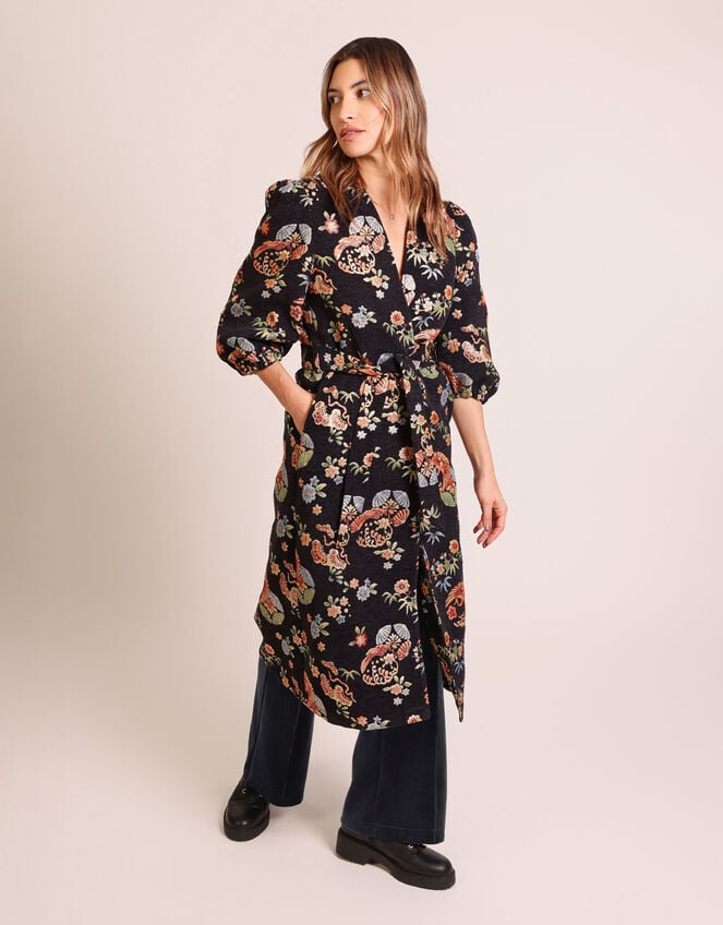 Traffic People Floral Puff Sleeve Duster Coat, Black (BLACK), large