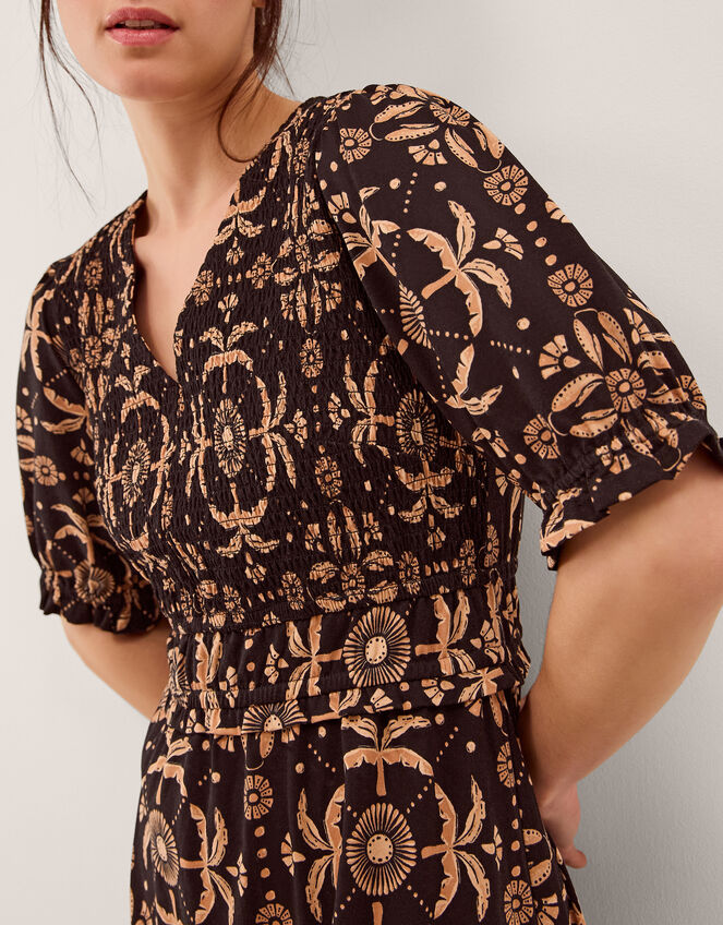 Thalia Palm Print Jersey Midi Dress, Black (BLACK), large