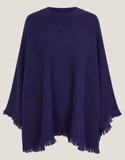 Fay Fringe Trim Poncho , Blue (NAVY), large