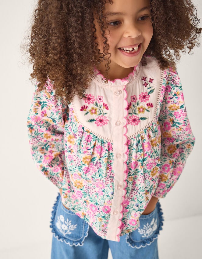 Floral Print Scallop Collar Blouse, Ivory (IVORY), large