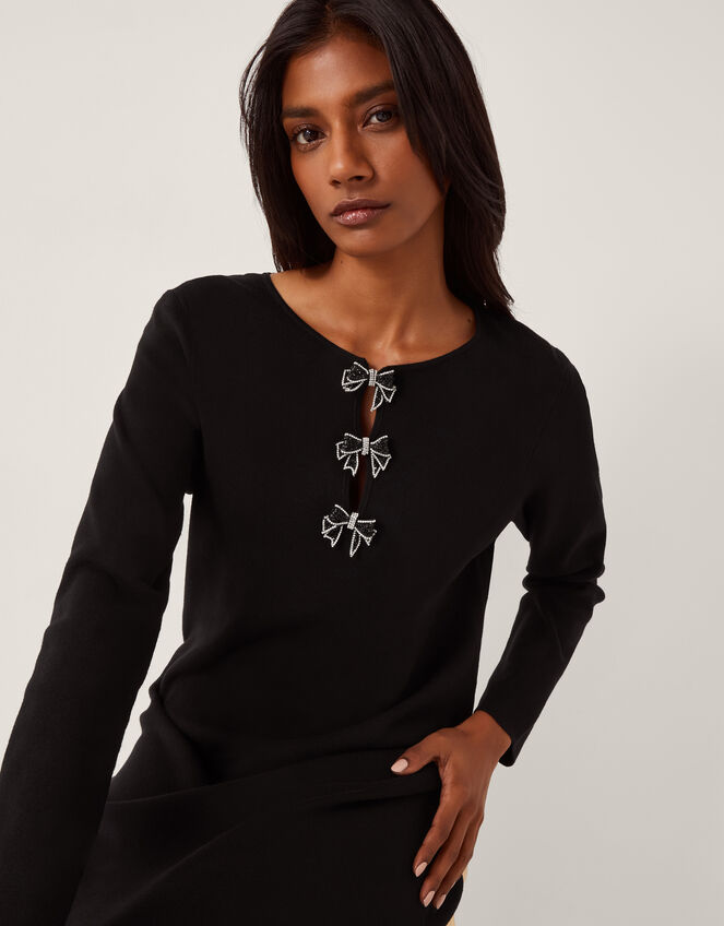 Bee Bow Knit Midi Dress, Black (BLACK), large