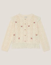 Embroidered Frill Pointelle Cardigan, Ivory (IVORY), large