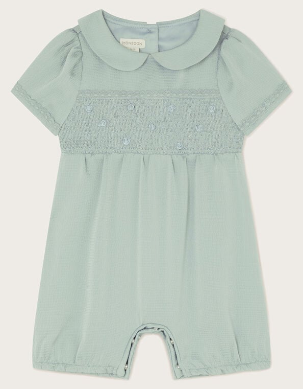 Baby Smocked Satin Romper, Green (SAGE), large