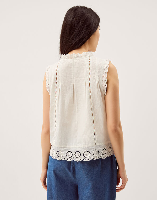 Trish Sleeveless Broderie Frill Top, Ivory (IVORY), large