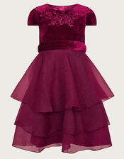 Mabel Embroidered Velvet Ruffle Dress, Red (BURGUNDY), large
