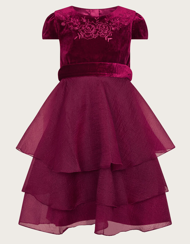 Mabel Embroidered Velvet Ruffle Dress, Red (BURGUNDY), large