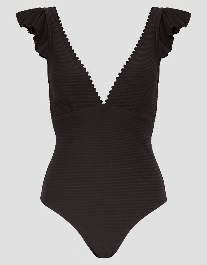 Kaylie Plunge Rib Ruffle Swimsuit, Black (BLACK), large