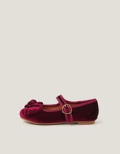 Velvet Bow Strap Ballet Flats, Red (BURGUNDY), large