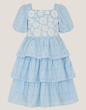 Floral Broderie Puff Sleeve Tiered Dress, Blue (BLUE), large