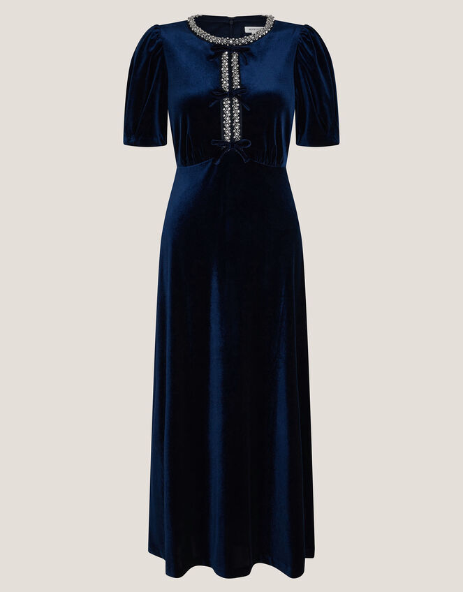 Celeste Embellished Bow Velvet Midi Dress, Blue (NAVY), large