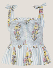 Lucille Floral Stripe Smocked Top, Blue (BLUE), large