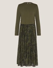 Synthia Snakeskin Pleated Midi Dress, Green (KHAKI), large