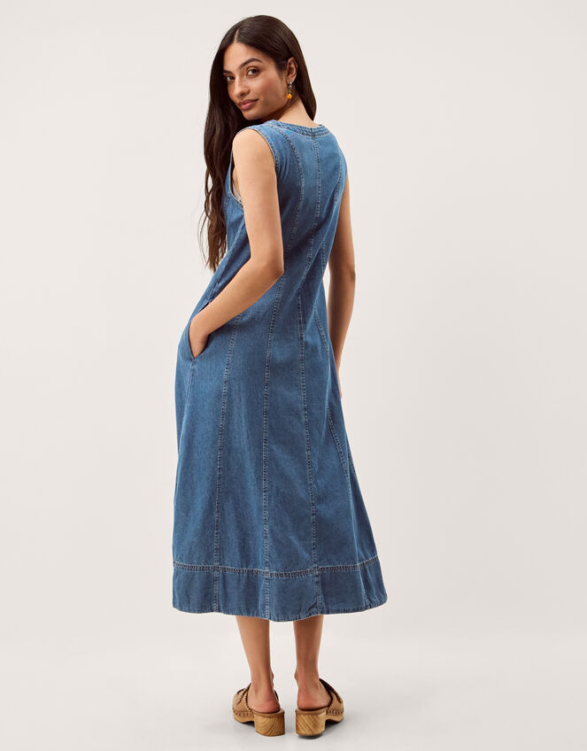 Tessa Sleeveless Denim Midi Dress, Blue (MID AUTHENTIC BLUE), large