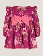 Floral Bow Long Sleeve Dress, Red (BURGUNDY), large