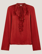 Arlette V-Neck Frill Satin Blouse, Red (BURGUNDY), large