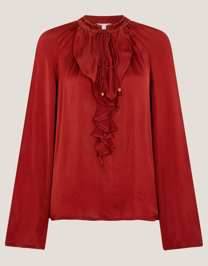 Arlette V-Neck Frill Satin Blouse, Red (BURGUNDY), large