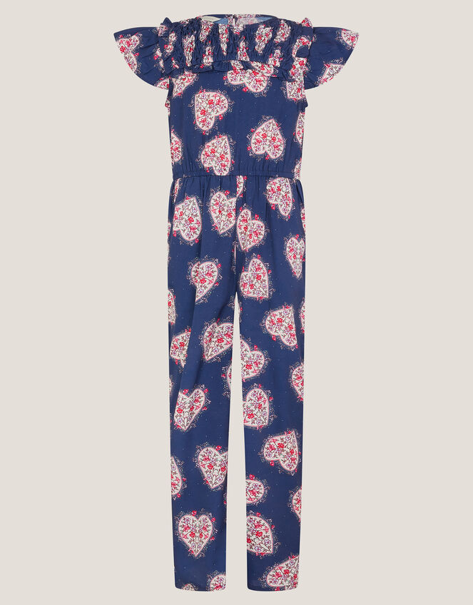 Heart Print Smock Jumpsuit, Blue (NAVY), large